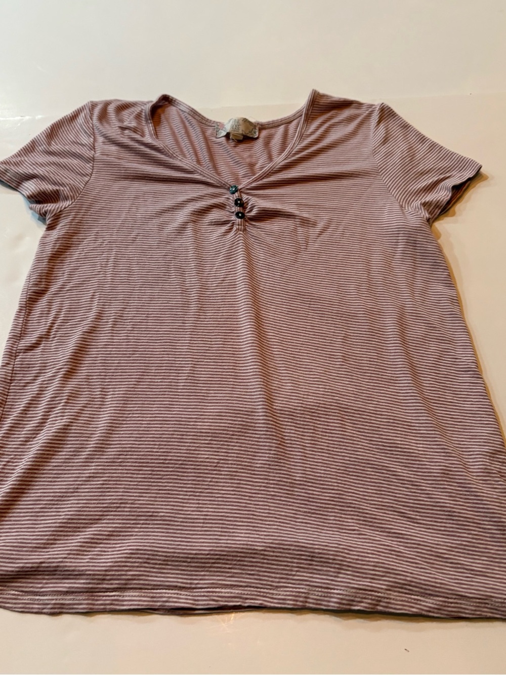 Casual V-Neck Short Sleeve Top with button accents - Dusty Mauve Stripe, size S